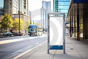 Sidewalk billboard mockup with blurred city street scene. Urban advertising on citylights