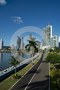 Promenade and skyline background in Panama City photo