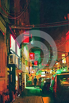 Sidewalk in the city at night with colorful light