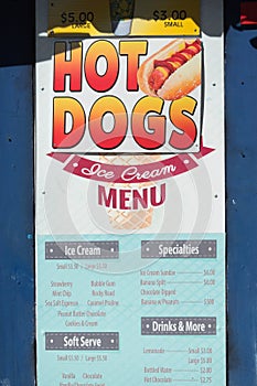 Sidewalk menu, hot dogs and ice cream