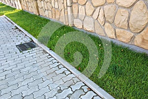 Sidewalk paved with cement bricks and lawn with green grass