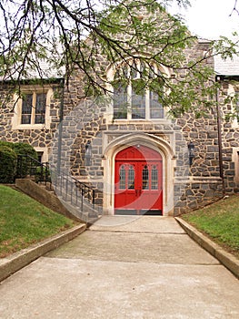 Sidewalk and red church doors