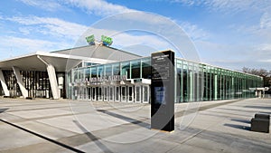 Sidewalk view of the Climate Pledge Arena and Alaska Airlines Atrium in Seattle