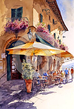 Sidewall restauran with people in summer sunny day, digital watercolor painting photo