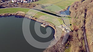 Sideways flight over a dam and flooding system in Hesse