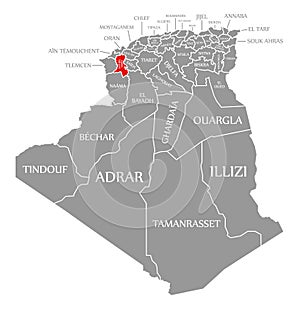 Sidi Bel Abbes red highlighted in map of Algeria