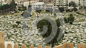 Sidi El Mezri Cemetery in Monastir, Tunis. Arab cemetery. Marble slabs. View from above