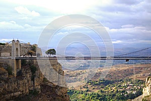 Sidi M`Cid Bridge in Constantine, Algeria. It`s a 164 m long suspension bridge across the Rhummel River, opened to traffic in Apri