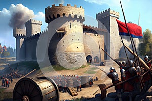 siege of a medieval fortress, with siege weapons and troops visible in the background