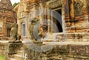 View to the entrance to the ruins of the Preah Ko Temple in Siem Reap, Cambodia.