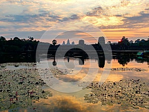 Siem Reap, Cambodia, December 30, 2019: Angkor Wat temple sunrise