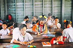 Siem Reap, Cambodia - 21 January, 2015: Cambodian Students at school class in the floating village