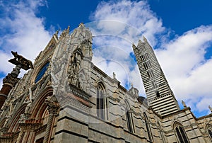 Siena Cathedral with bell tower and statua of wolf called LUPA in Italy