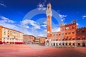 Siena, Italy. Medieval shell-shaped Piazza del Campo with Palazzo Pubblico, Tuscany