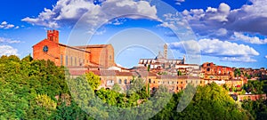 Siena, Italy - Panoramic view with Dome sunset with blue sky, Tuscany travel background