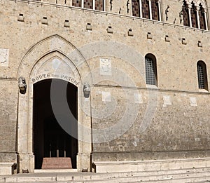 Siena, SI, Italy - February 20, 2023: Gate of Headquarters of bank called MONTE DEI PASCHI DI SIENA