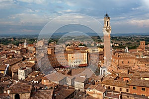 Siena, Tuscany, Italy. View of the Old Town - Piazza del Campo, Palazzo Pubblico di Siena, Torre del Mangia at sunset from Siena C