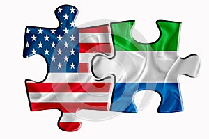 Sierra Leone, Freetown flag and United States of America flag on two puzzle pieces on white isolated background. The concept of