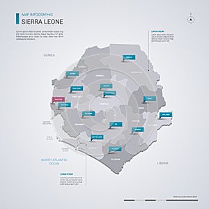 Sierra Leone vector map with infographic elements, pointer marks, regions, cities and capital Freetown