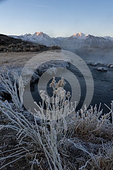 The Sierra Nevada appears through the mist created by hot creek