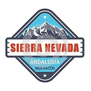 Sierra Nevada ski resort stamp, Spain ski resort emblem with snow covered mountains, Andalusia