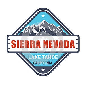Sierra Nevada USA mountain range, California, emblem with lake tahoe and snow covered mountains
