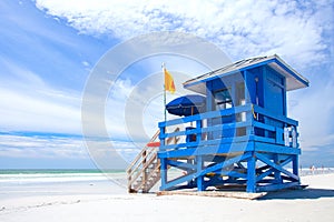 Siesta Key Beach, Florida USA, blue colorful lifeguard house