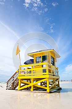 Siesta Key Beach, Florida USA, yellow colorful lifeguard house photo