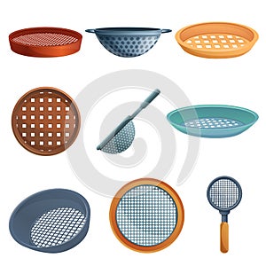 Sieve icons set, cartoon style