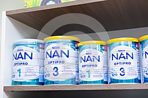 SIEVIERODONETSK, UKRAINE - FEBRUARY 17, 2018: Counter store table shelf shop of baby food NAN Nestle