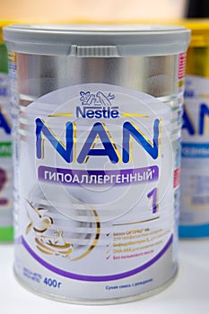 SIEVIERODONETSK, UKRAINE - FEBRUARY 17, 2018: Counter store table shelf shop of baby food NAN Nestle