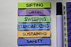 Sifting Sorting Sweeping Standardizing Sustaining Safety - 6S text on sticky notes isolated on office desk photo