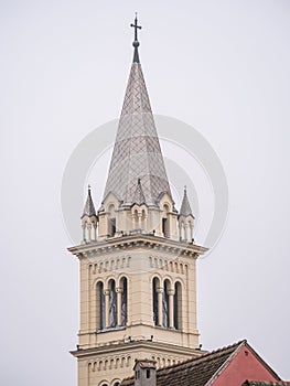 Sighisoara Romania - 11.26.2020: Architectural detail with Saint Joseph Roman Catholic Church Citadel located in Sighisoara,