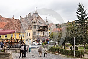 Fragment of Hermann Oberth square, near to the entrance to the old town in Sighisoara city in Romania