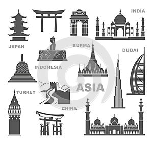 Sights and architectural monuments of Asia. Vector icon set