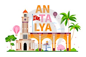 Sights and architecture of Antalya - modern colored vector illustration