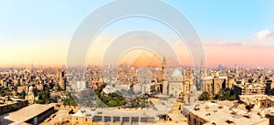 Sights of Cairo panorama: the Mosque-Madrassa of Sultan Hassan, the city view and the Pyramids photo