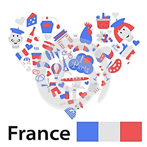 Sights of France in the colors of the French flag. Welcome to France. Vector icons about France