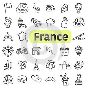 Sights of France. Thin line icons with space. Welcome to France. Vector icons about France