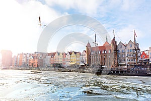 Sights of Gdansk by the Motlawa river, Poland, sunny day view
