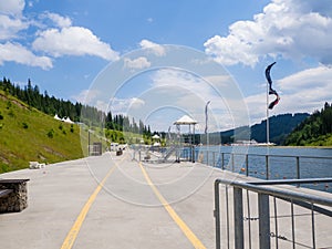 Empty Lake of Youth beach in Bukovel in summer