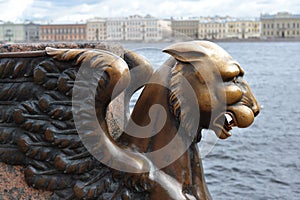 The sights of St. Petersburg - a griffin on the background of beautiful historical buildings