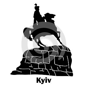 Sights of Ukraine. Monument to Kozak. Bohdan Khmelnytsky. The horseman on horseback. Kiev. Logo vector illustration
