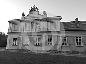 Sightseeing beauty Palace in Waplewo Wielkie, Poland. Artistic look in black and white.