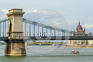 Sightseeing boat under Secheni chain bridge in Budapest