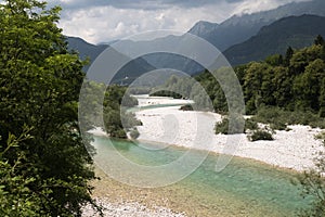 Sightseeing of emerald green Soca river in Slovenia