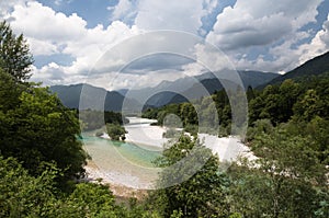 Sightseeing of emerald green Soca river in Slovenia