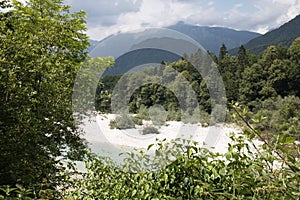 Sightseeing of emerald green Soca river in Slovenia