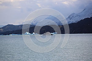 Sightseeing RÃ­os de Hielo Cruise ship boat near glaciers Upsala and Spegazzini in Patagonia, Argentina