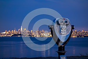 Sightseeing viewfinder near Golden Gate Bridge with San Francisco city skyline